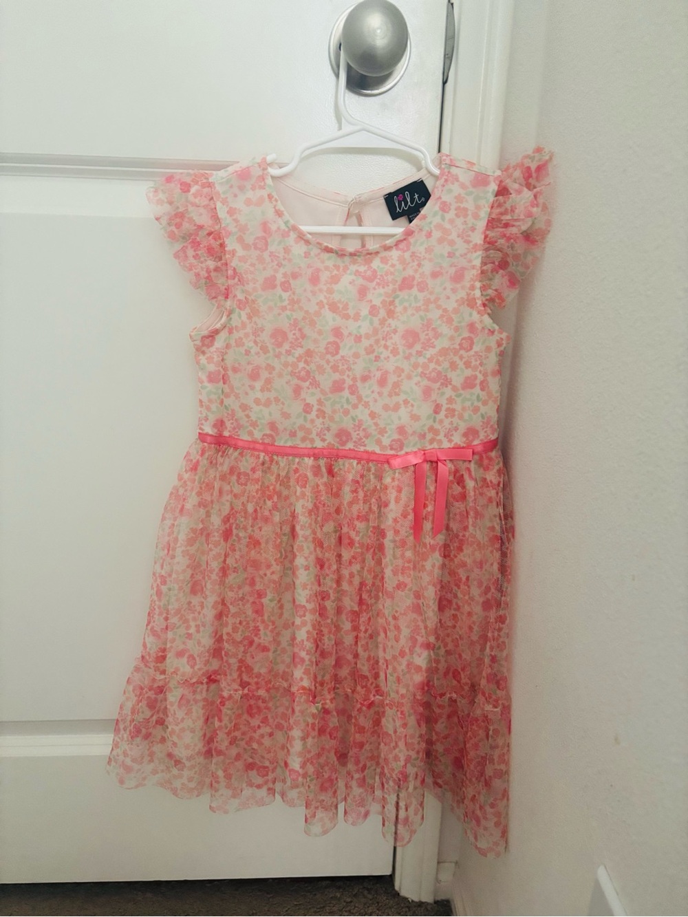 lilt Pink Floral Layered Girls' Dress with Ribbon